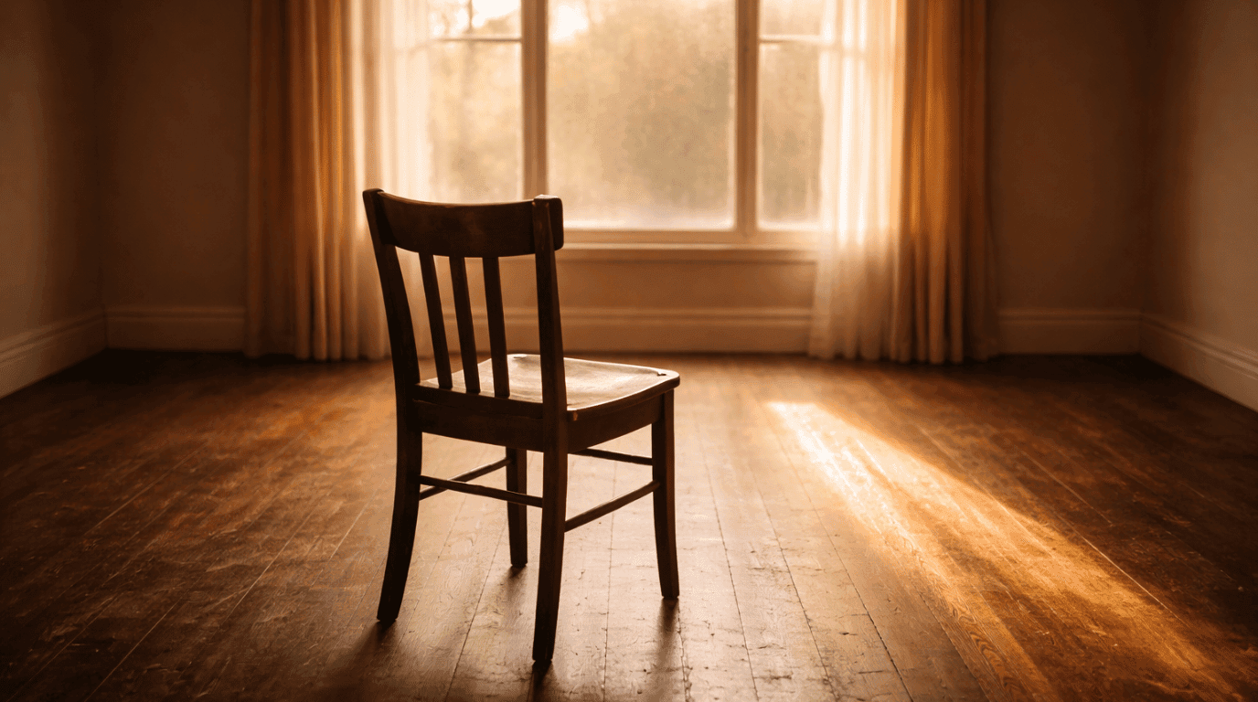 A single chair facing an empty room with light pouring through a window