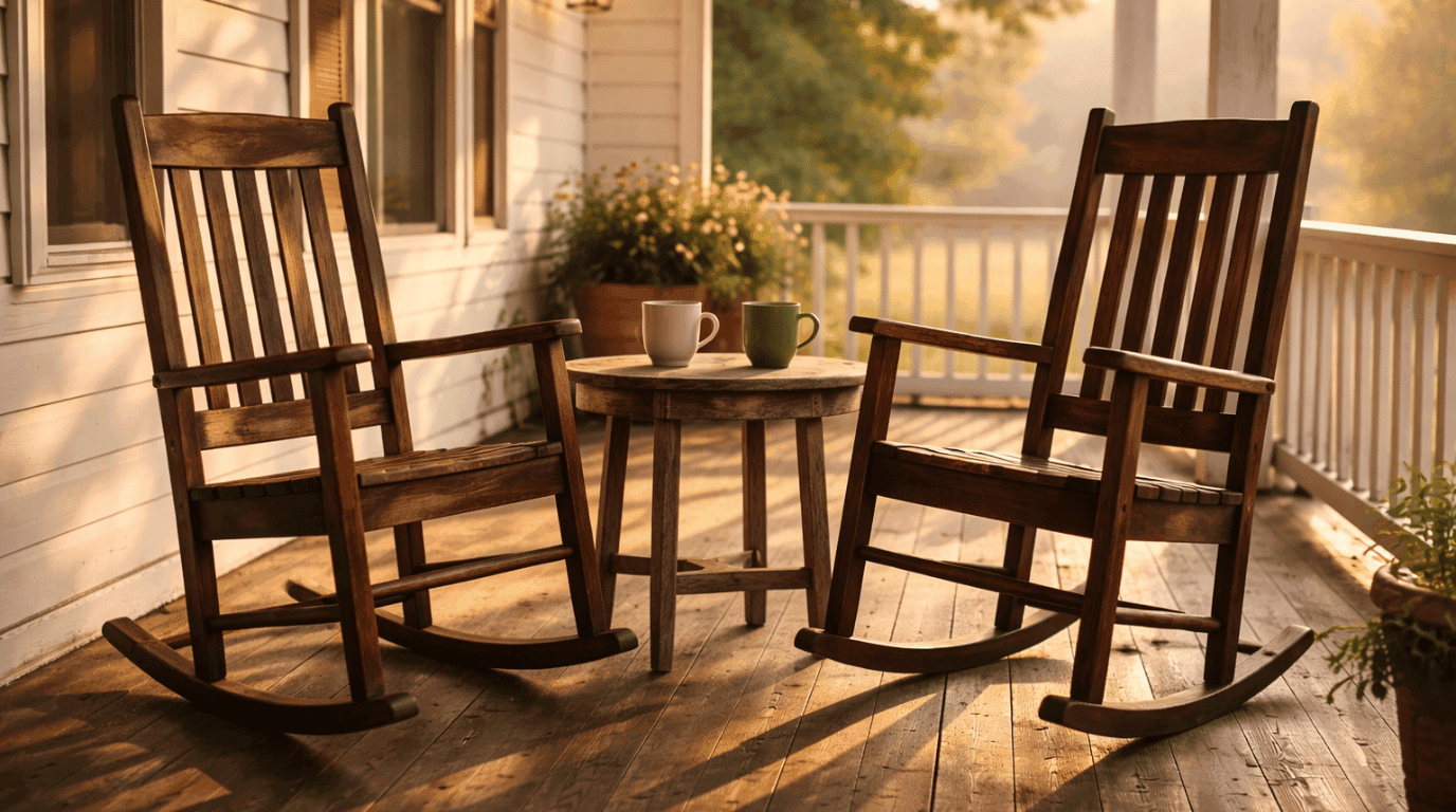 Two rocking chairs facing each other on a front porch with morning light