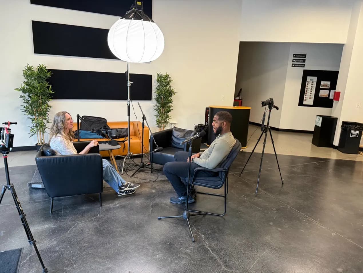 On-location church interview in a lobby