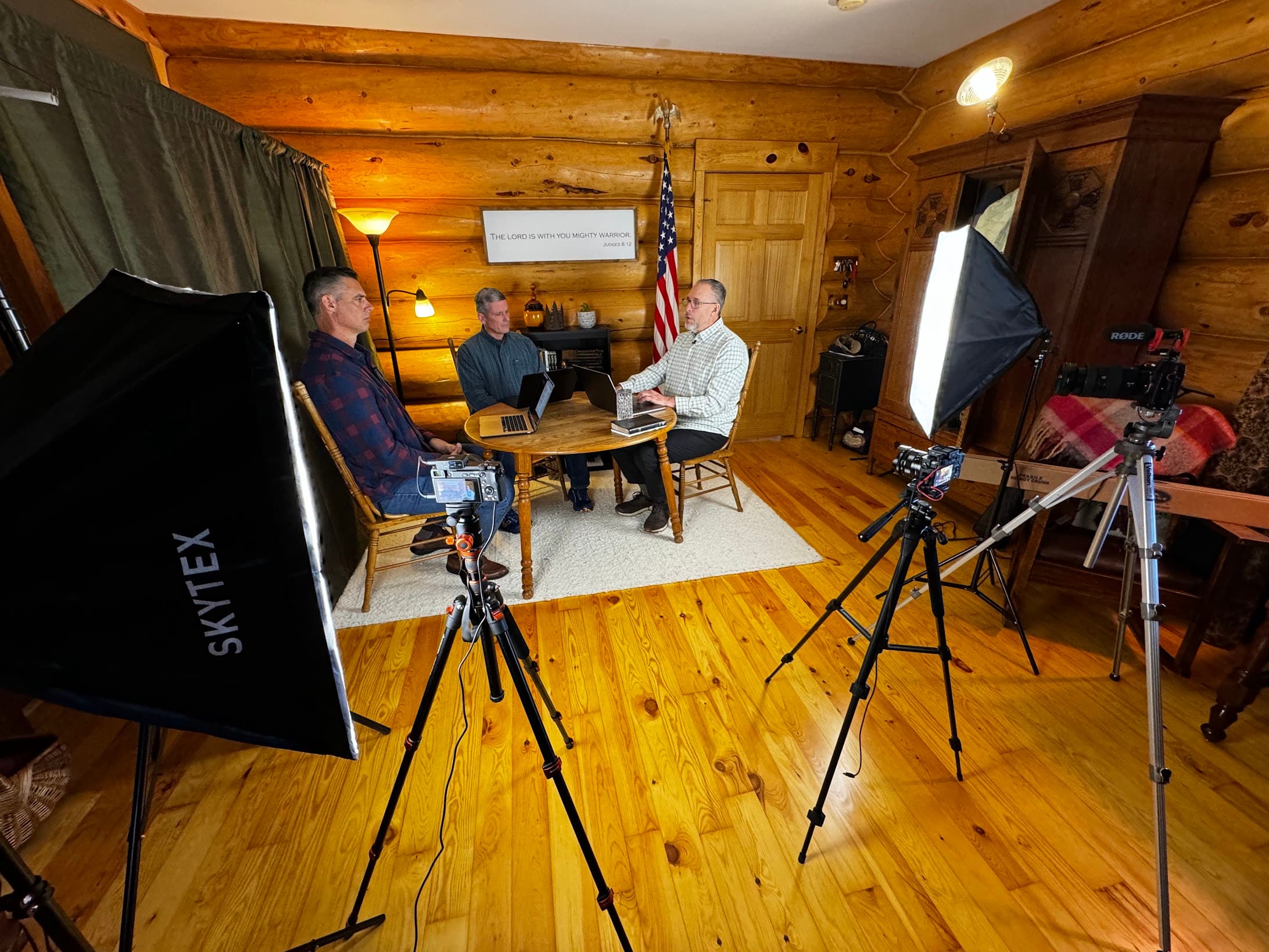 Multi-camera podcast setup in a cabin