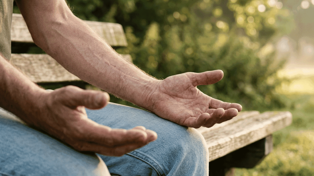 A man's hands resting open on his knees, palms up, sitting on a bench in early morning light — a posture of surrender and release