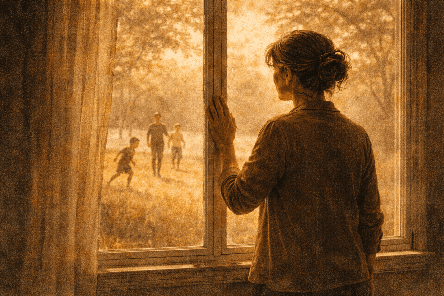 Parent standing at window looking out at children playing, bathed in soft light, contemplating the right moment
