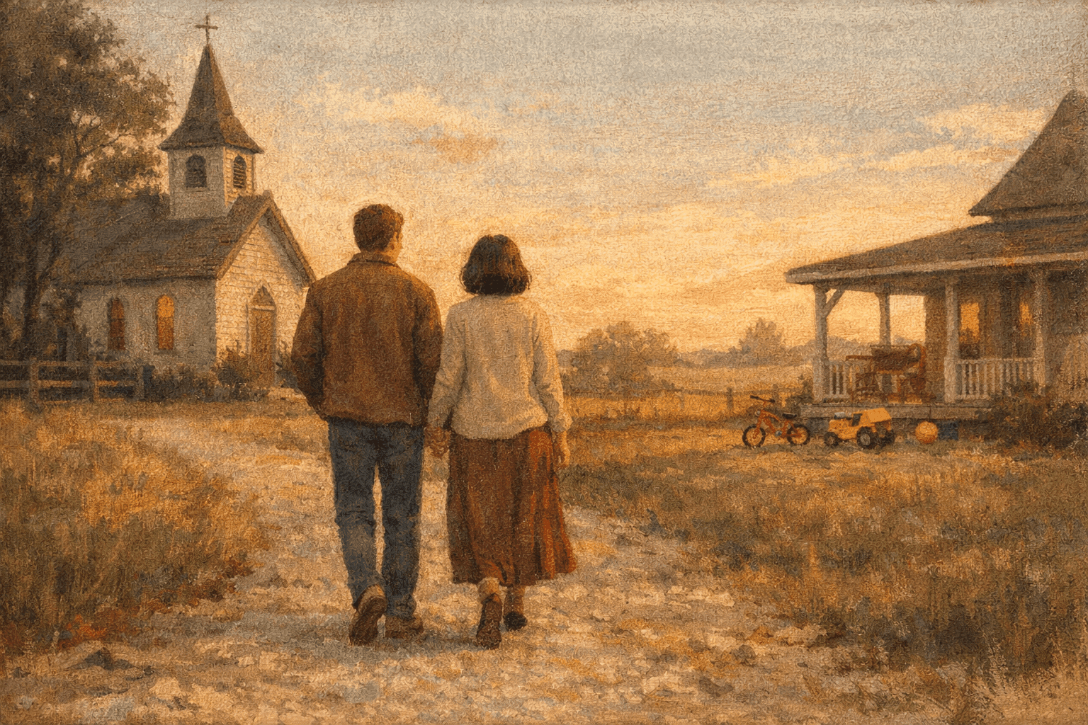 Couple walking hand in hand on gravel path near country church, golden hour, sense of partnership