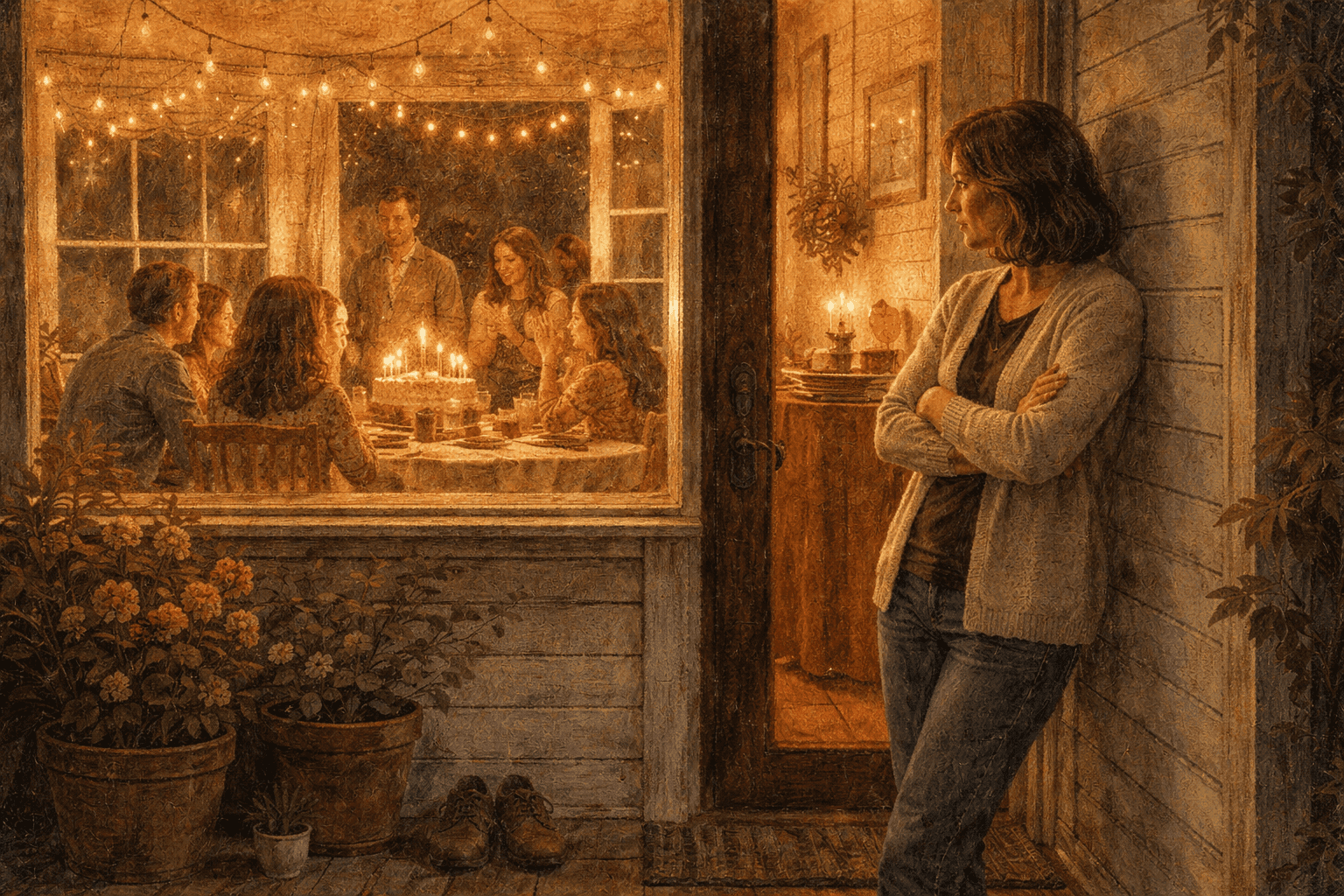 Person standing in doorway watching celebration inside, arms crossed, caught between resentment and longing