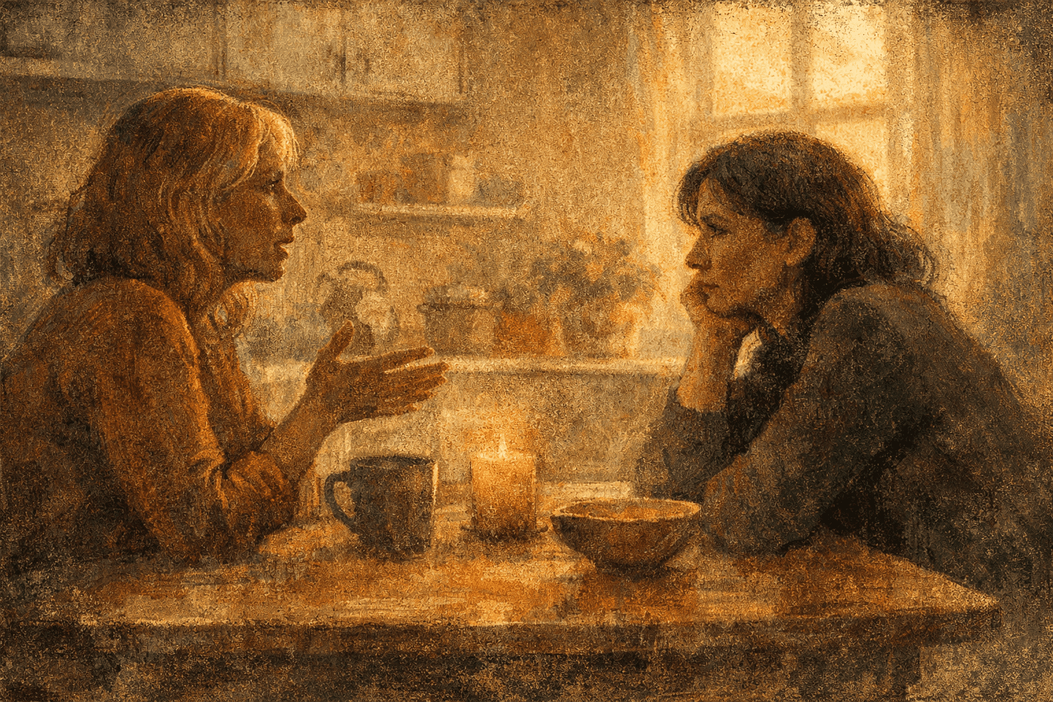 Two people sharing a meaningful conversation with light representing hope being passed between them