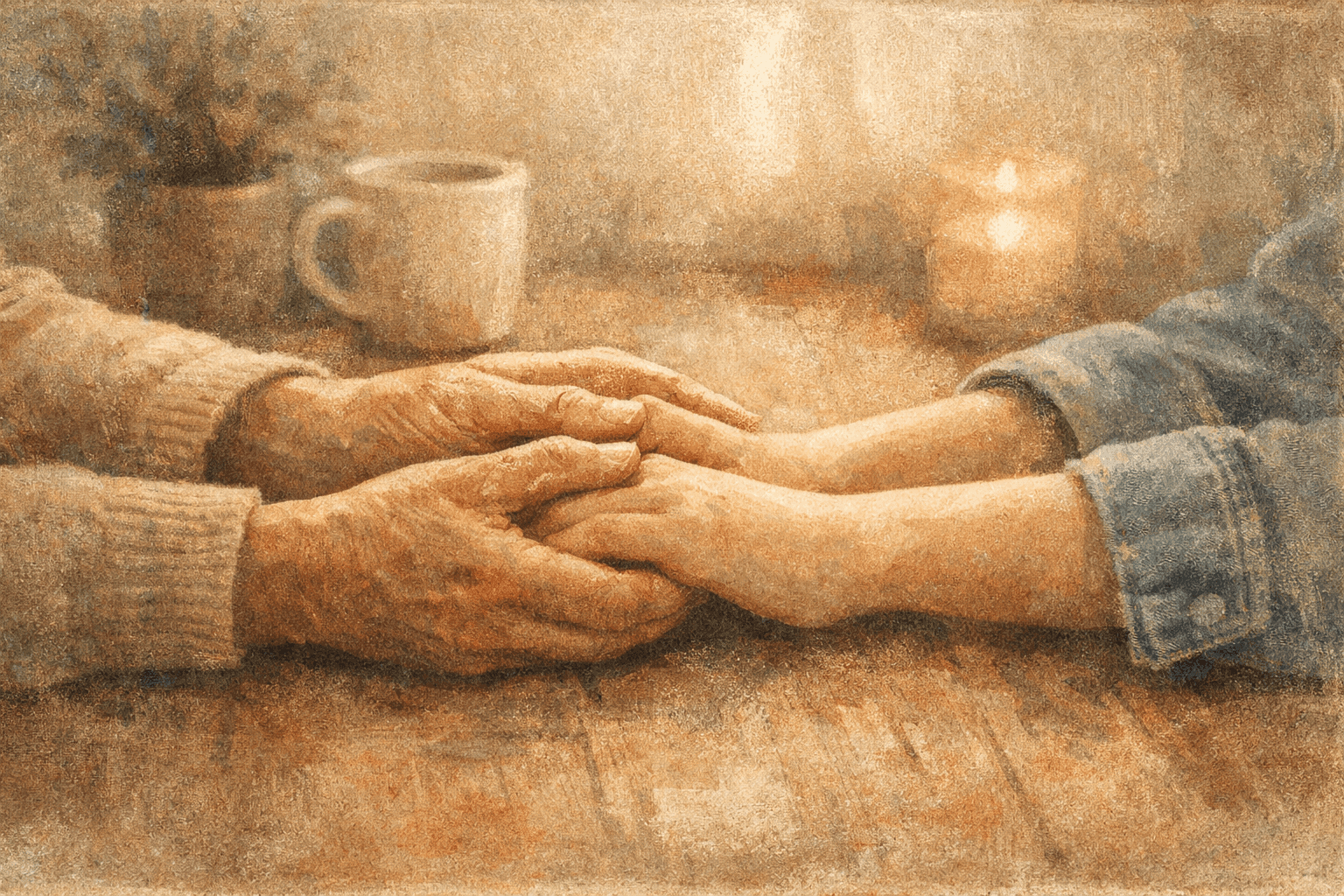 Parent and child holding hands across table in supportive conversation about addiction recovery