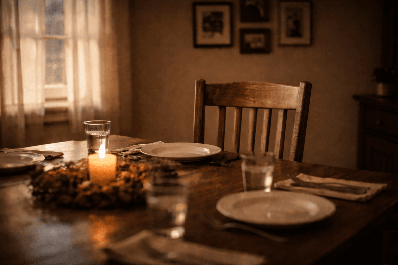 An empty chair at the head of a family dinner table, representing an absent father