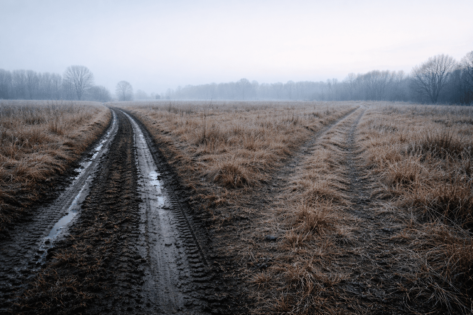 Two diverging paths in a winter field, one worn and one overgrown, under cold morning light