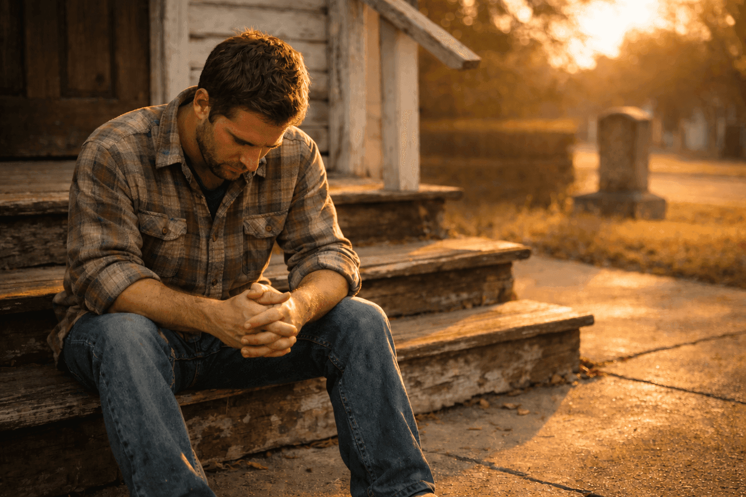 A man sitting vulnerably on church steps while a friend offers support with a hand on his shoulder