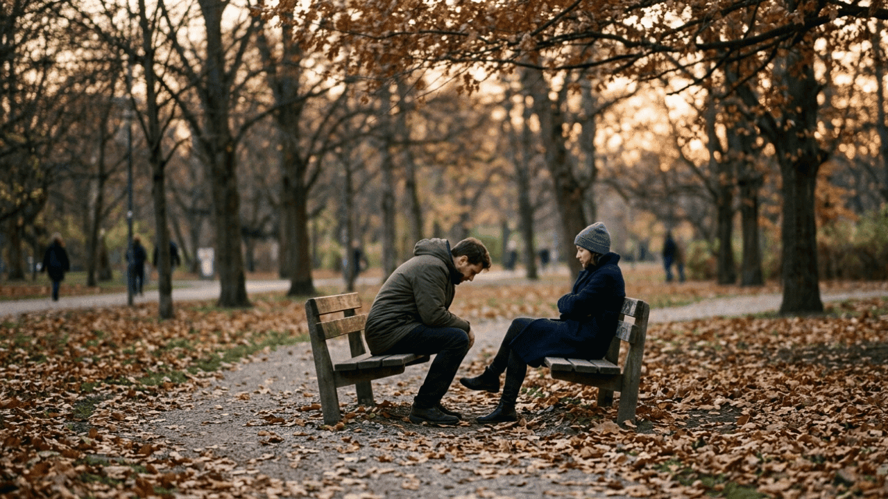 Two people sitting on a park bench having a difficult conversation, seen from a distance, autumn leaves on the ground, late afternoon light