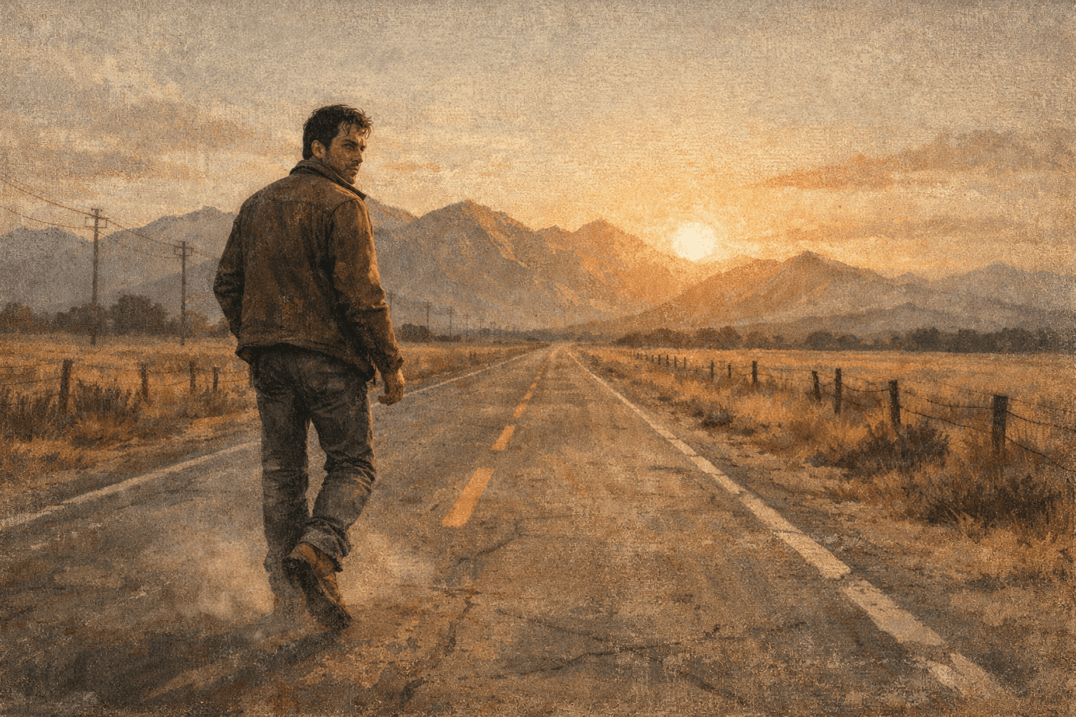 Man walking alone on empty road toward mountains, looking back, sense of journey continuing