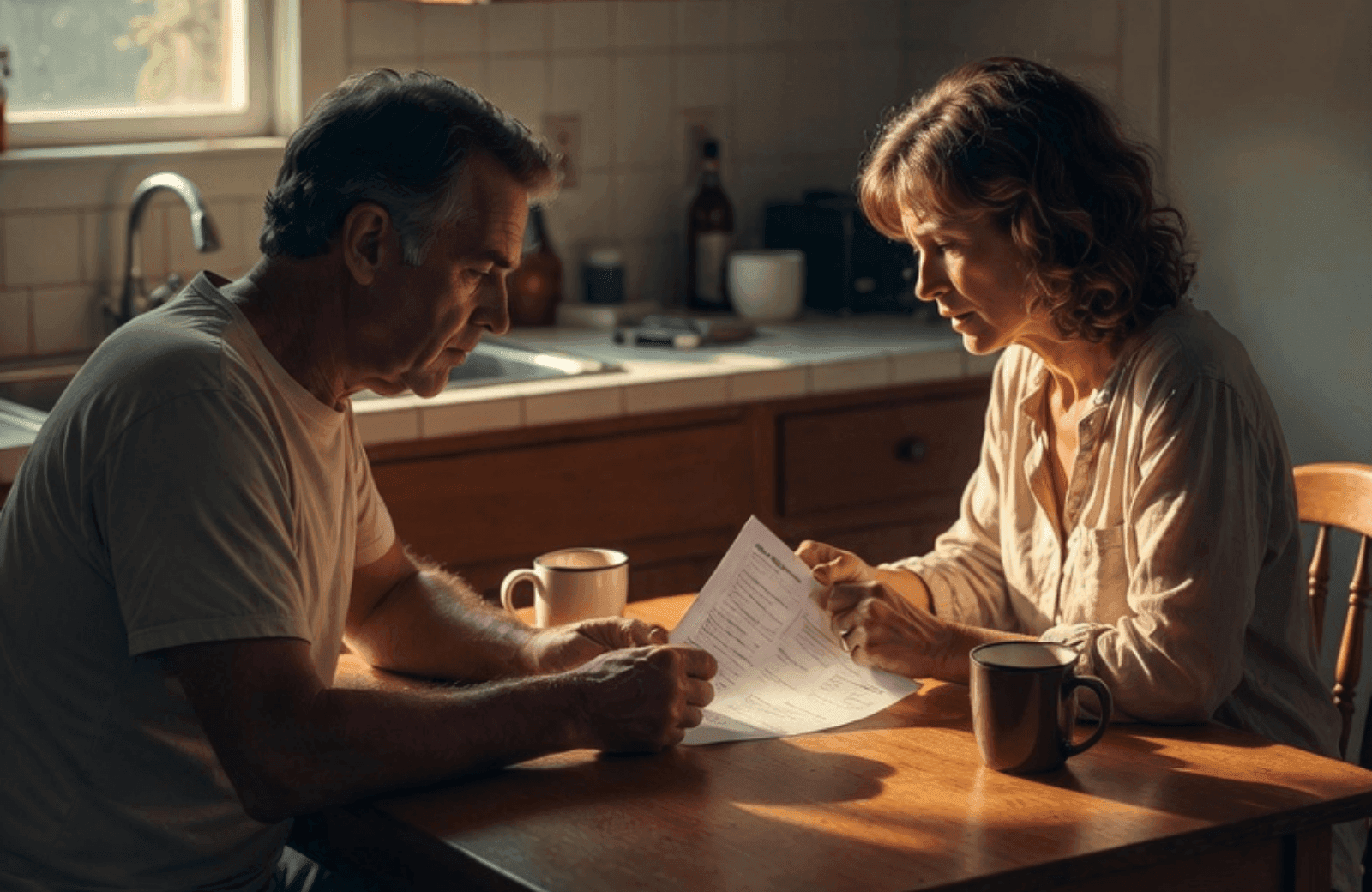 A concerned older couple sits at their kitchen table in warm evening light, reviewing a printed checklist of questions together with focus and care