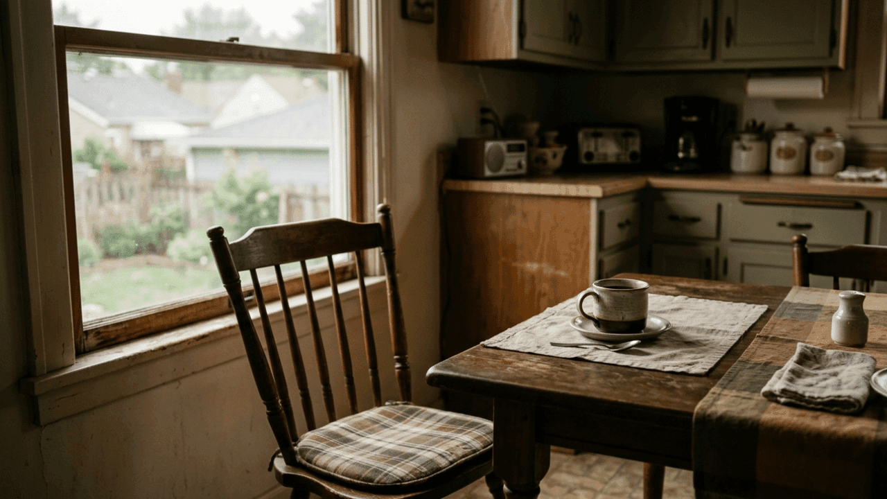 A worn kitchen table with an empty chair pulled out, warm natural light from a window, conveying absence and a family in waiting