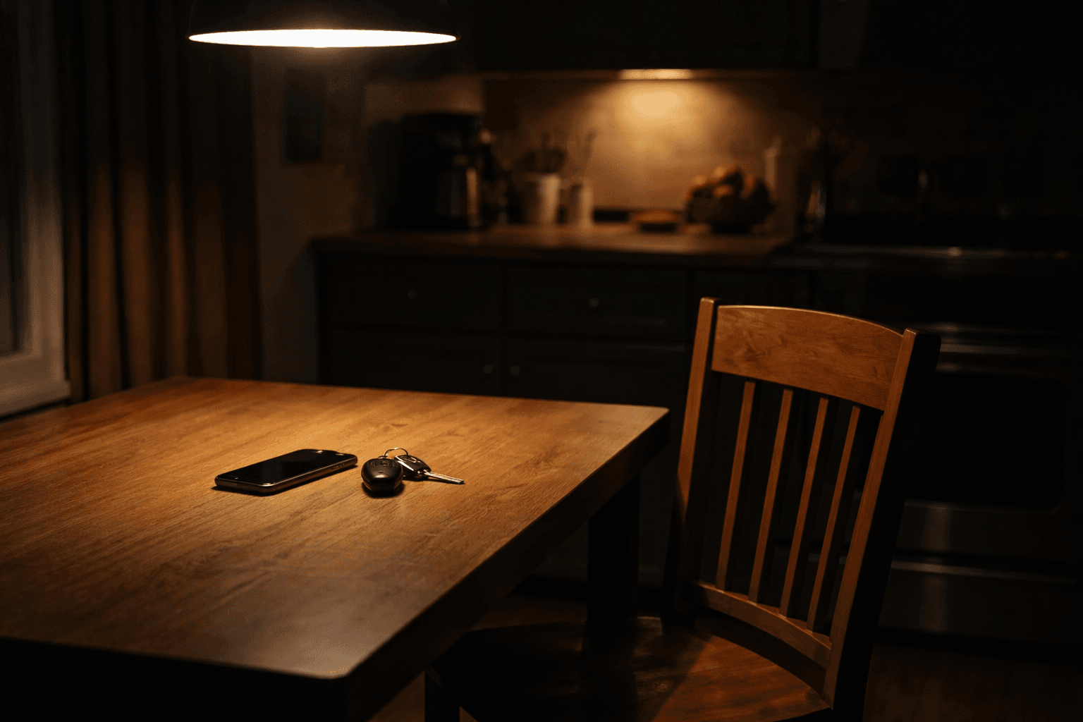 Kitchen table at night with keys and phone, one chair pulled back, representing a family noticing something is wrong