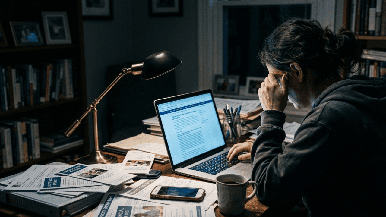 A family member sitting at a desk late at night with a laptop open, papers spread out, and a phone nearby — researching addiction treatment options