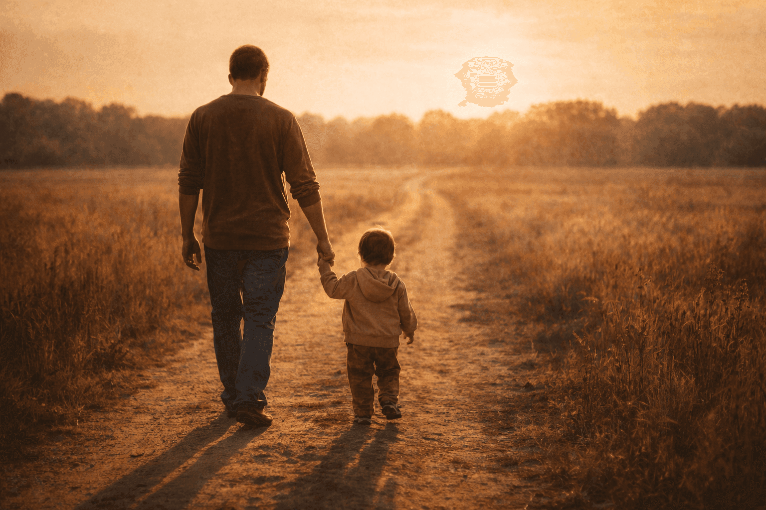 A father holds his young child's hand as they walk together down a dirt path toward a sunset, symbolizing the journey of fatherhood and generational legacy.