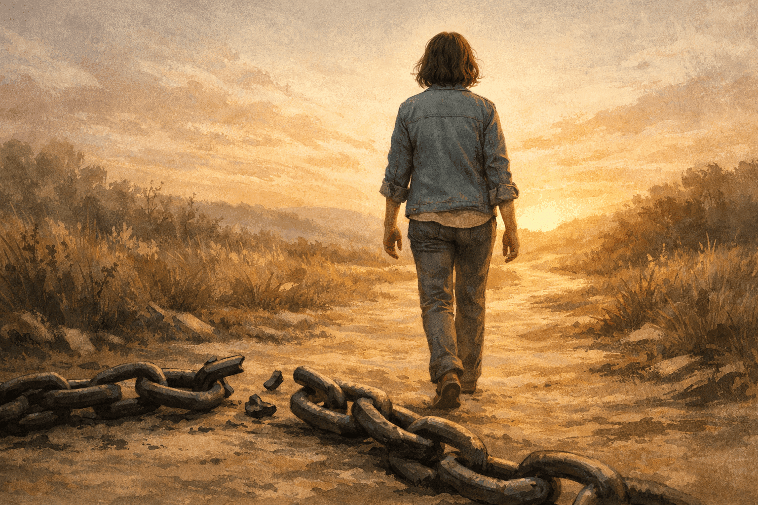 Woman walking toward golden light leaving broken chains behind symbolizing freedom from addiction identity