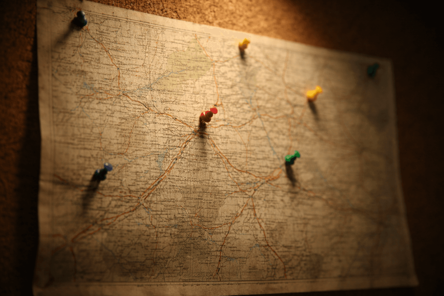 A faded road map on a corkboard with scattered pushpins under warm overhead light