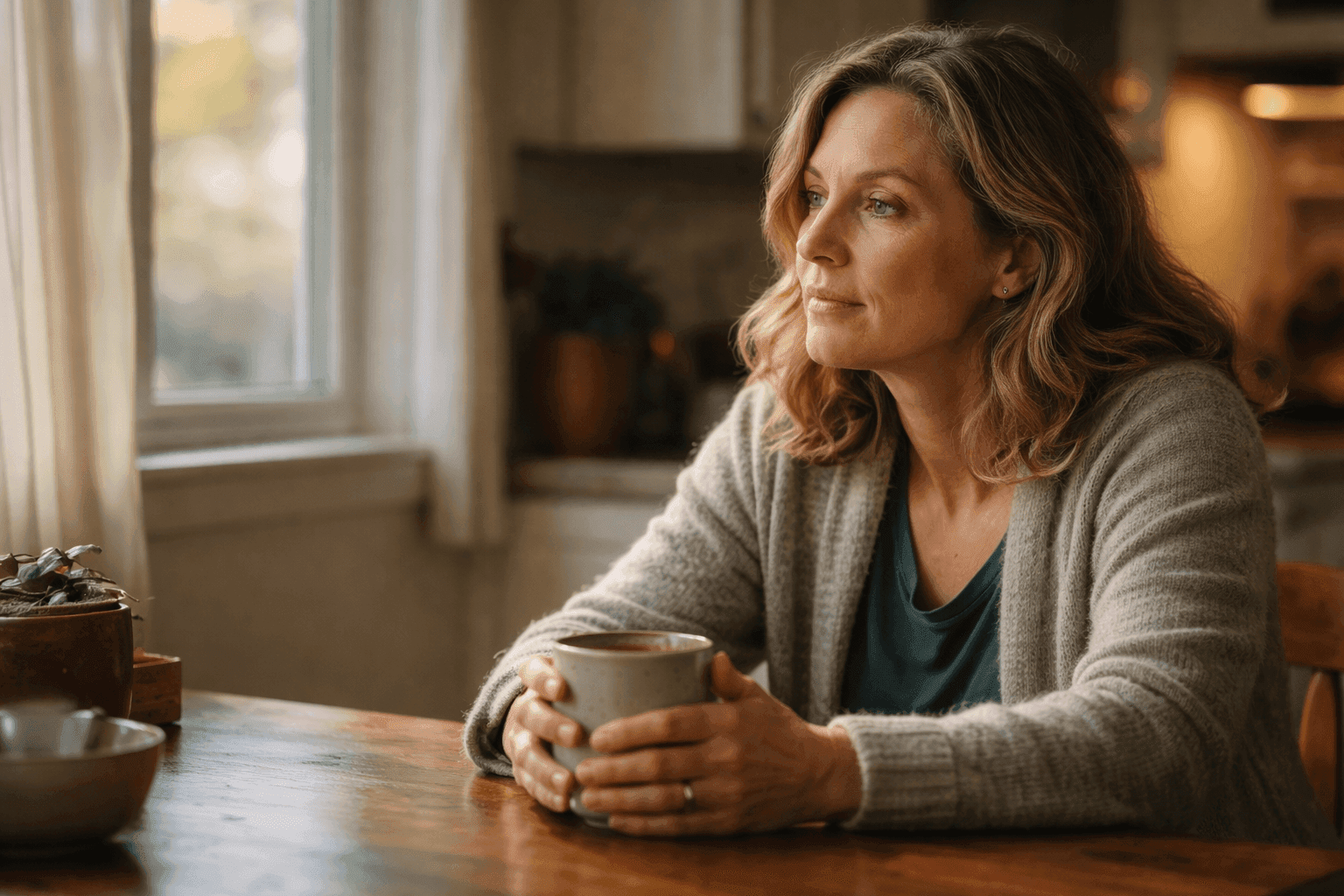 Woman sitting alone at a kitchen table with coffee, looking out the window in quiet reflection about family decisions.