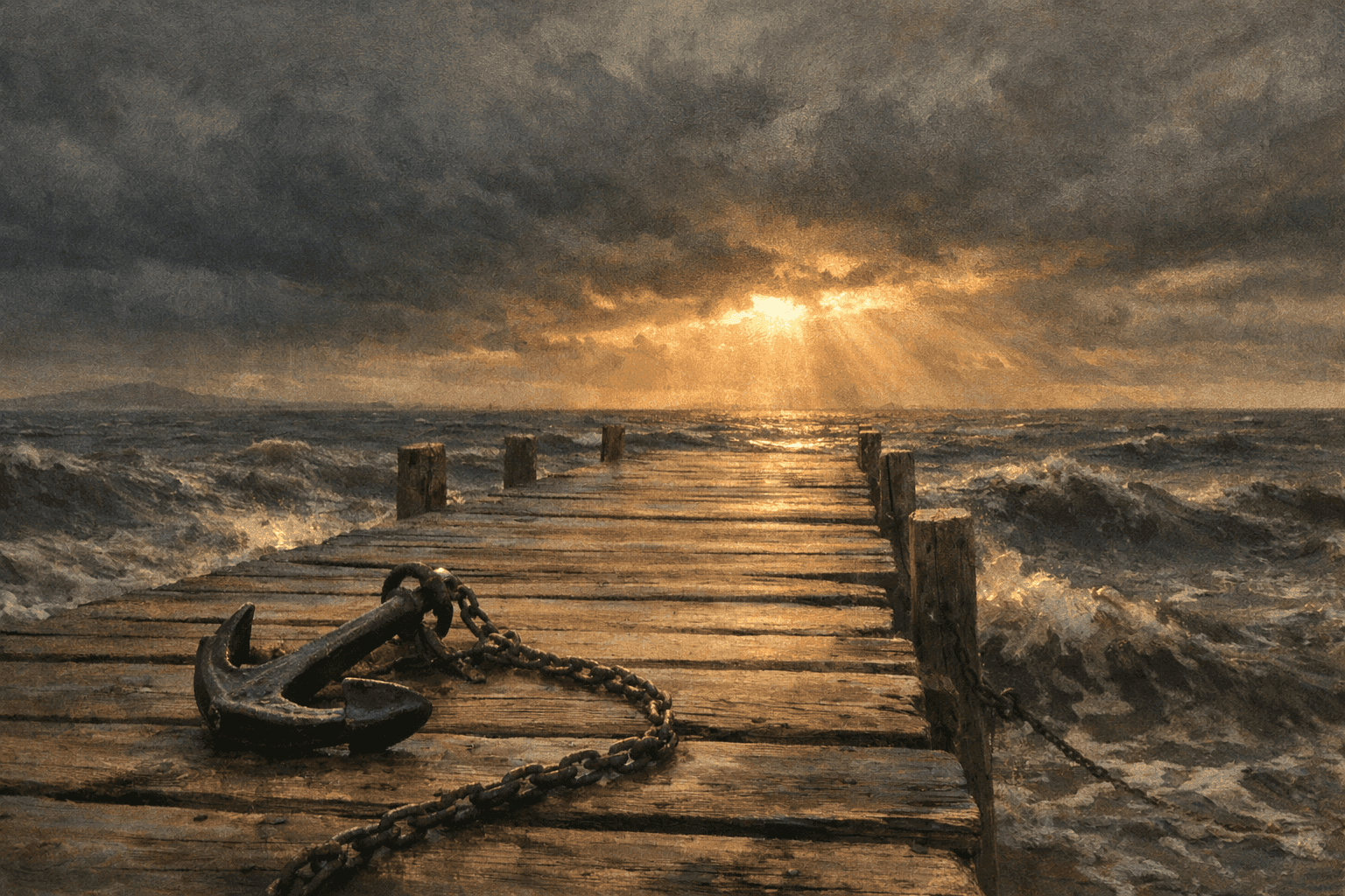 A small anchor rests on a wooden dock extending into a stormy sea, with golden light breaking through dark clouds on the horizon.