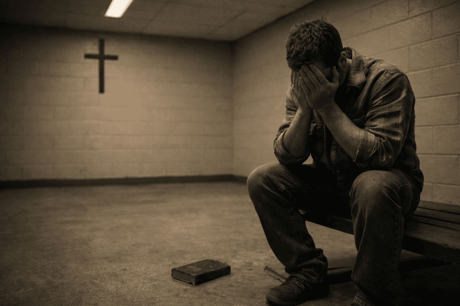 A man kneeling in surrender on a prison chapel floor with a cross on the wall behind him