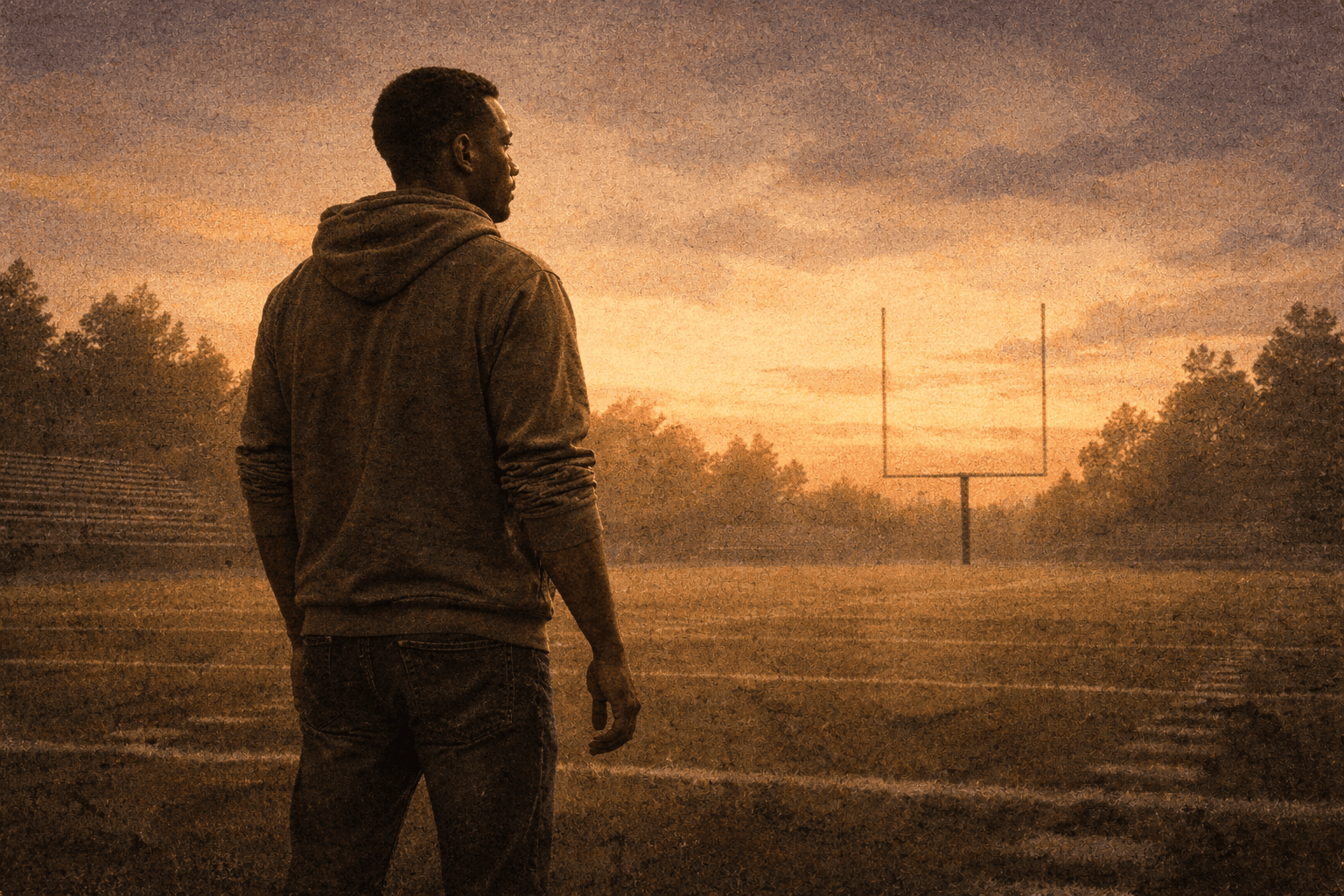 Young Black man standing alone on empty football field at dusk, quiet determination, sense of defying low expectations