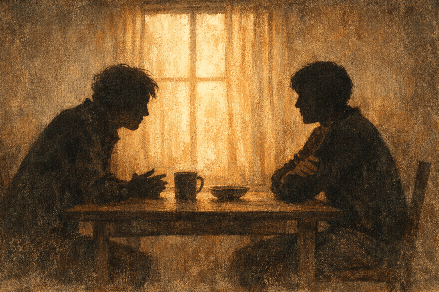 Two silhouetted figures facing each other across a table, warm light between them suggesting a difficult but necessary conversation