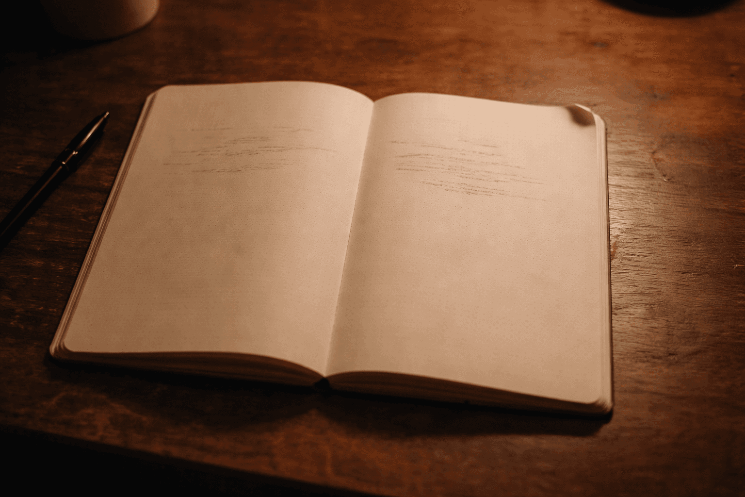Open journal on a table in soft light, documenting a personal reflection.