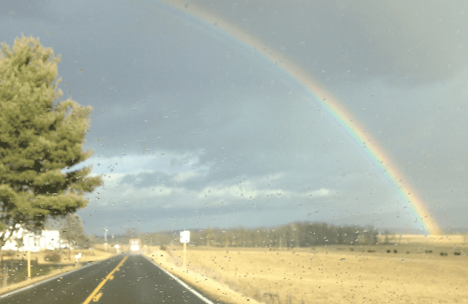 Rainbow arching over an open road through rain-speckled windshield, stretching toward the horizon