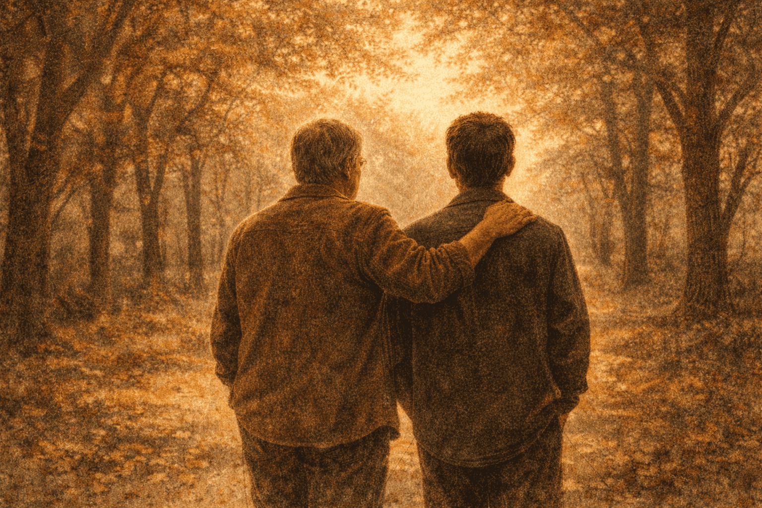 Father and adult son walking together down a sunlit tree-lined path, father's hand on son's shoulder