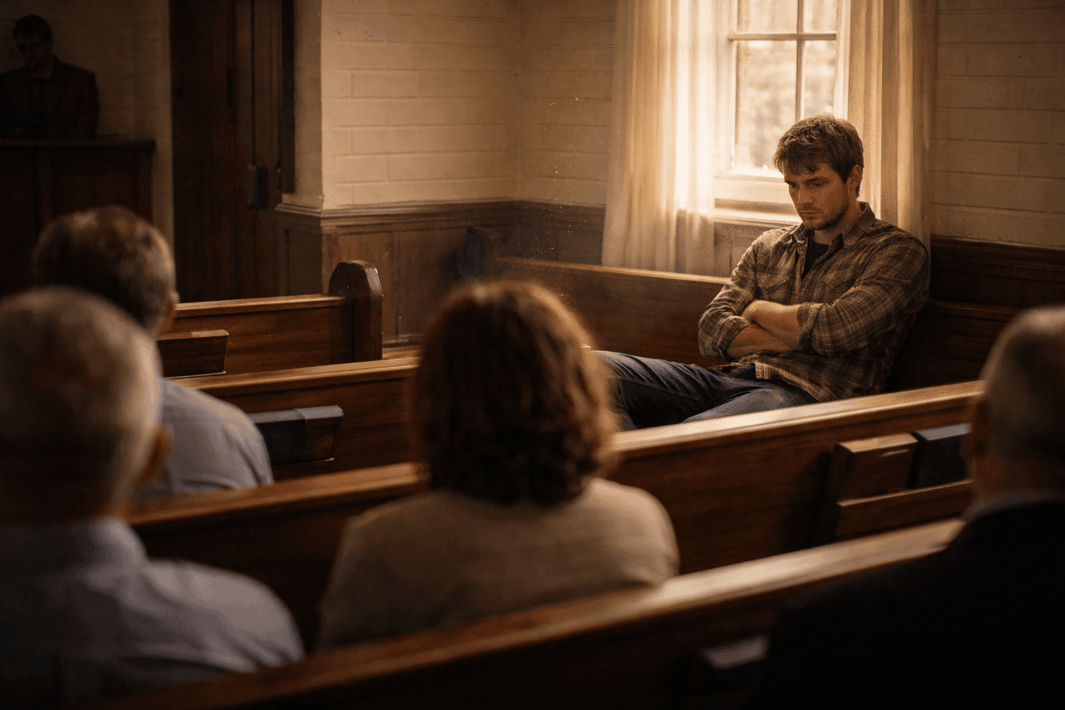 A man sitting alone and isolated in the back pew of a church while the congregation faces forward