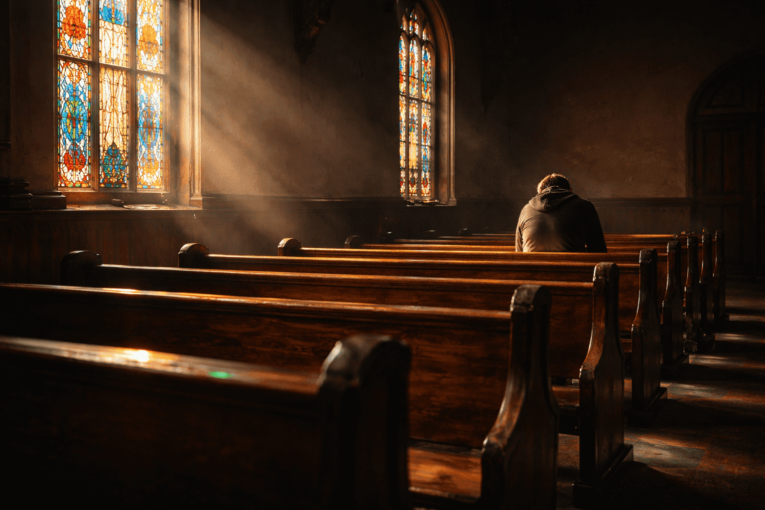 A solitary figure sits in an empty church pew, head bowed, as colored light from a stained glass window falls across the sanctuary, representing the isolation of church hurt and the possibility of healing.
