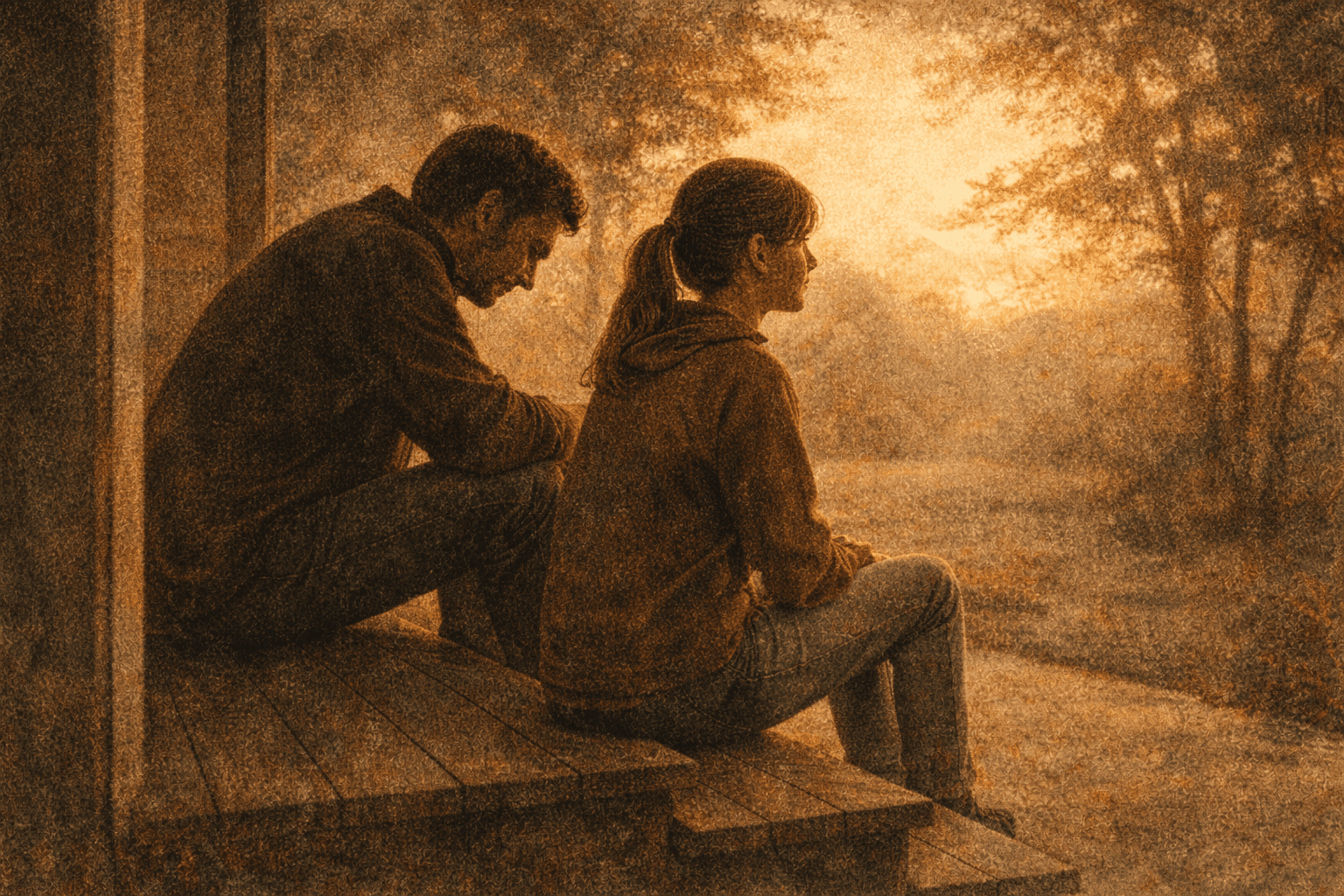 Father and teenage daughter sitting together on porch steps in golden afternoon light, having a quiet conversation