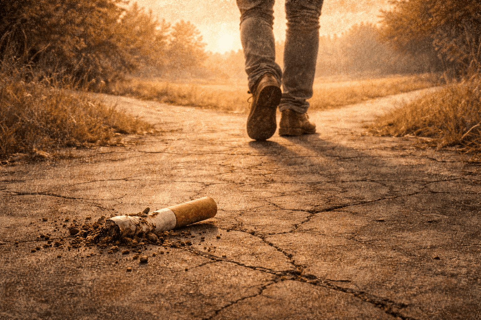 Crushed cigarette on ground with person walking toward light representing decisive break from old patterns