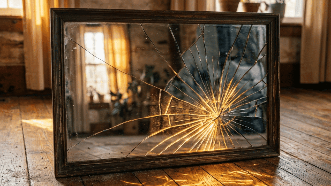 A cracked mirror on a wooden floor with warm morning light shining through the fractures