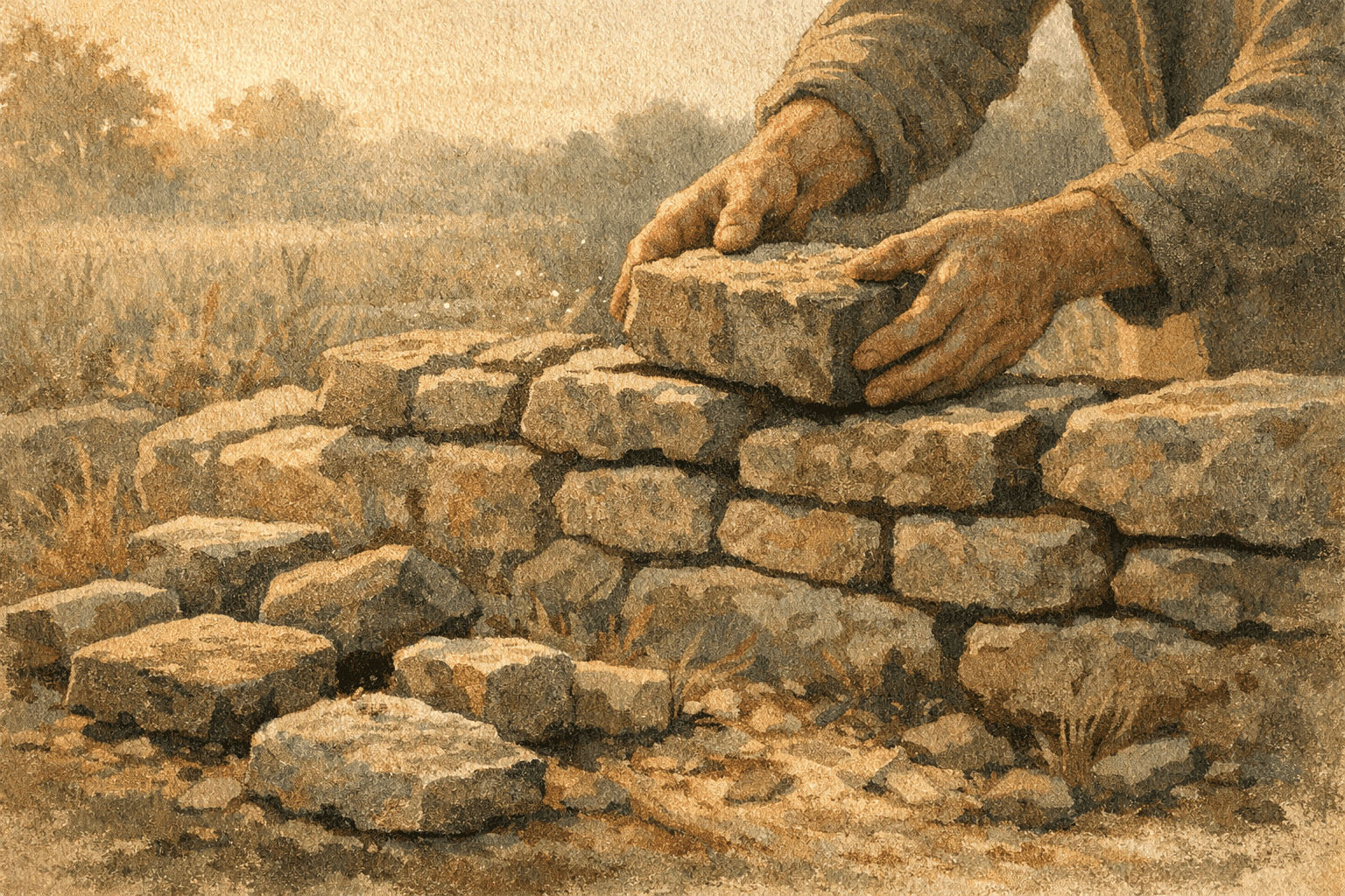 Hands placing stone on wall being rebuilt in field, morning light, sense of careful restoration