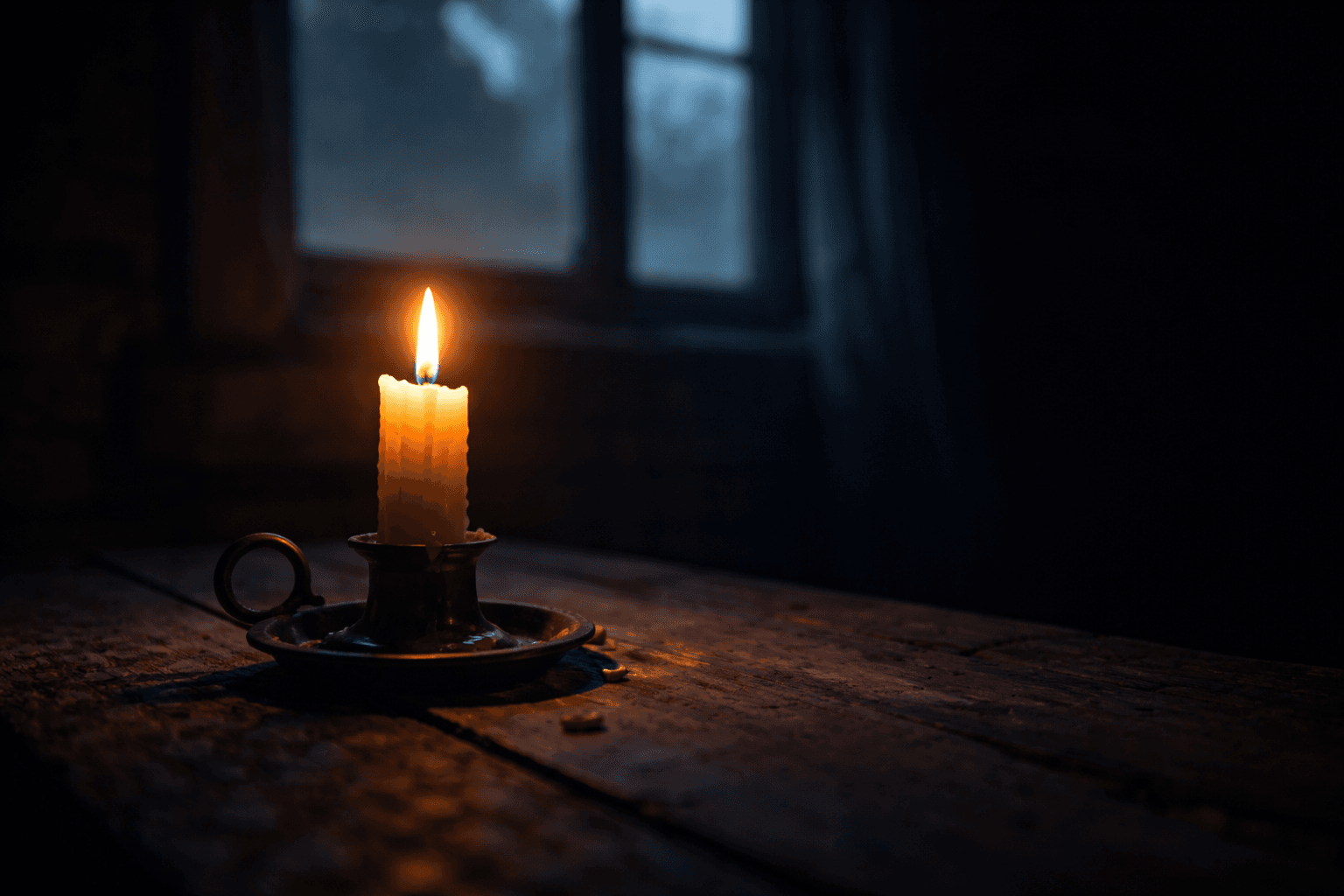 A single candle flame burning in a dark room with faint morning light through a window