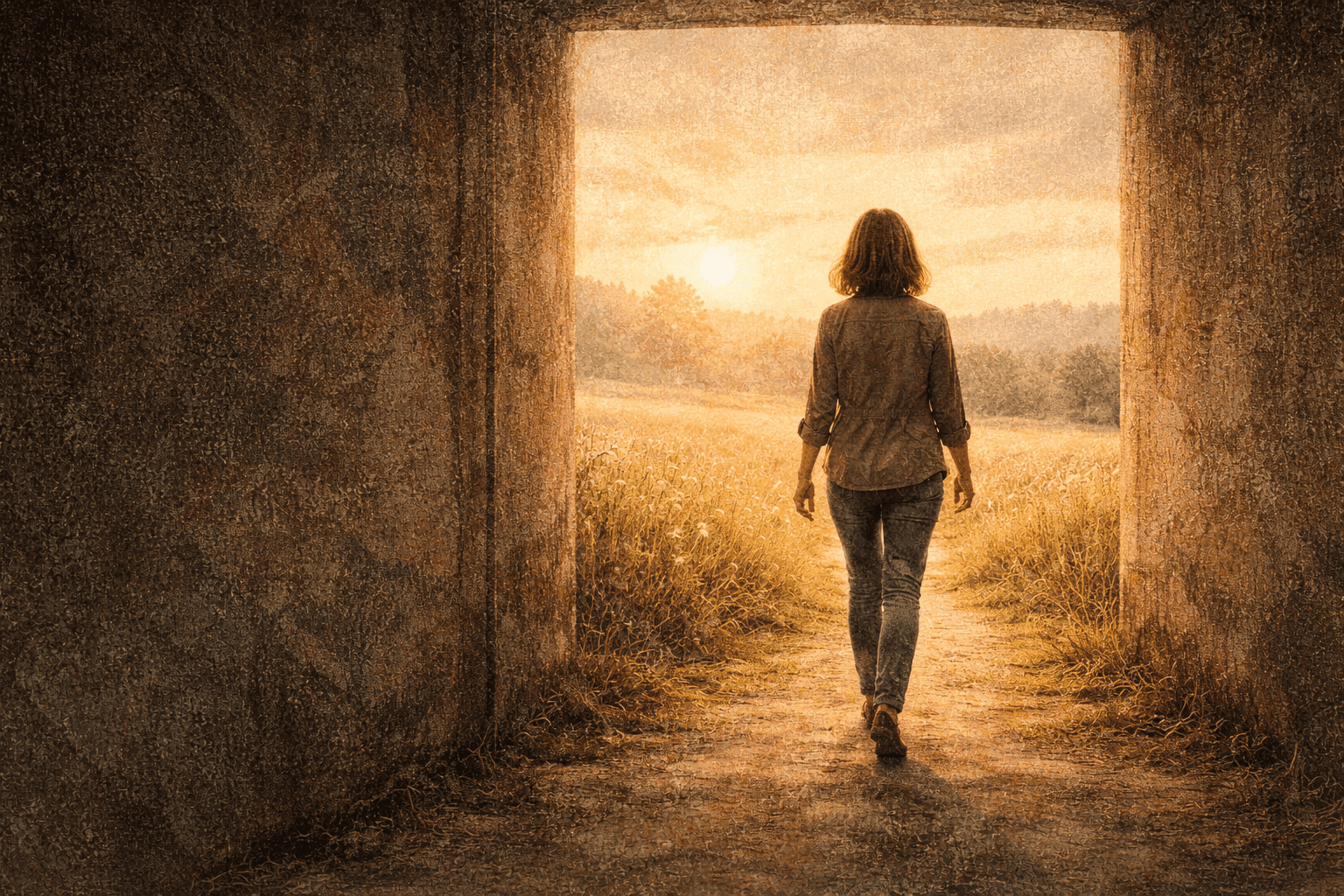 Person emerging from narrow space into wide landscape representing hope renewed through expanded perspective