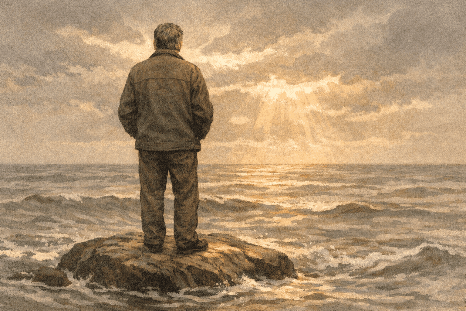 Person standing firm on rock amid persistent waves representing faithful endurance in loving an addict